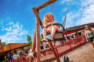 An image of a girl on an outdoor swing with blue skies